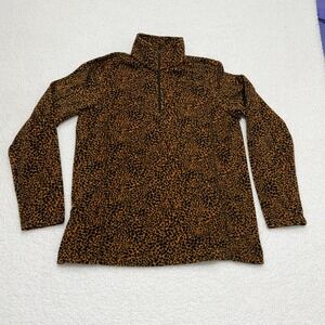 Lands End Womens XL Petite Fleece Quarter Zip Pullover Leopard Print Brown